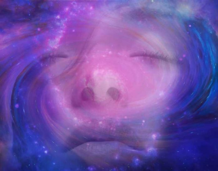 woman face into the cosmic universe