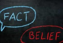 Γνωστικές Προκαταλήψεις: Μια Εισαγωγή στις Ανθρώπινες Λανθασμένες Αντιλήψεις words fact and belief written in a blackboard